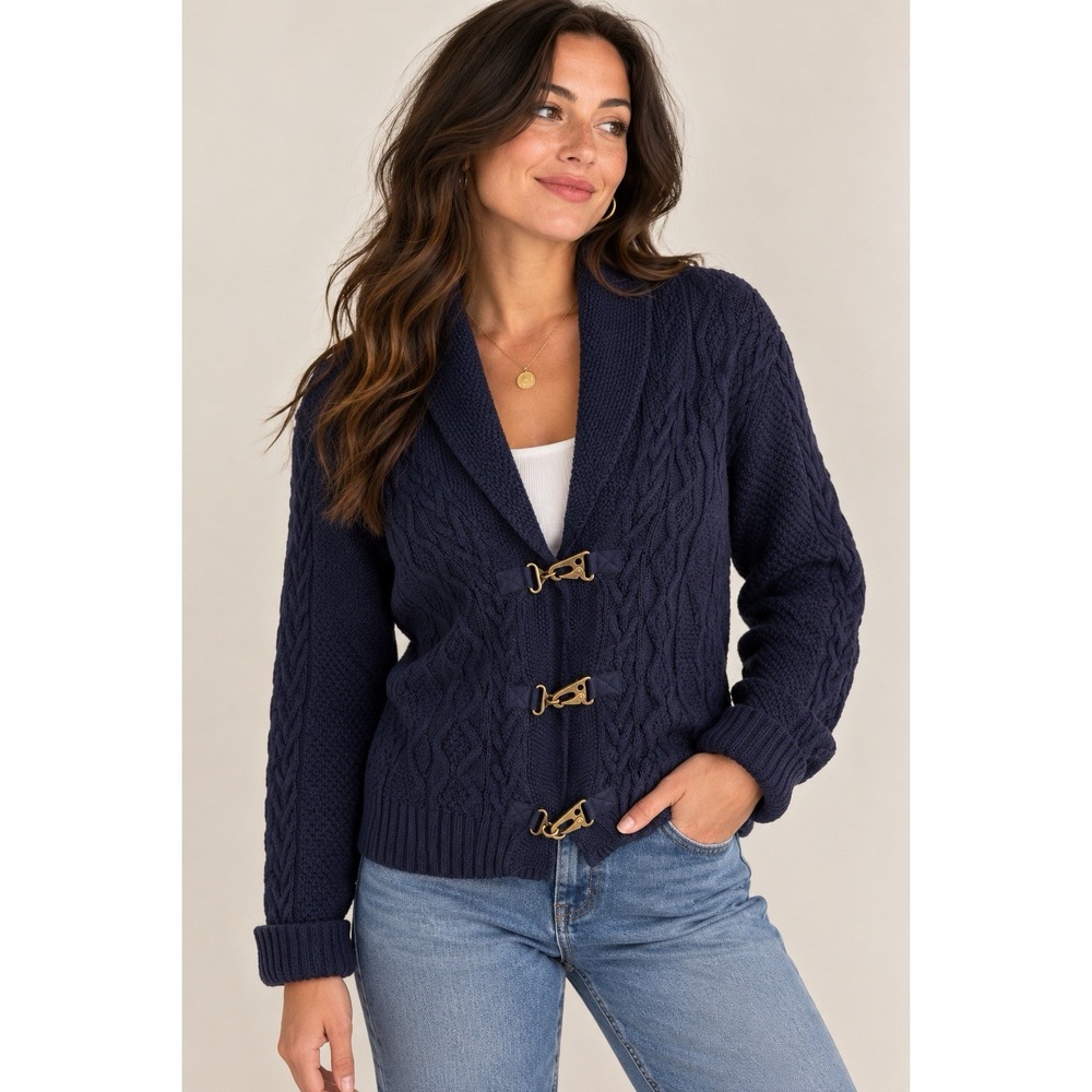 Lauren Ralph Lauren Cardigan Women's L Navy Blue Cable Knit Fireman Clasps
